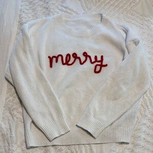 White Sweater with Red 'Merry' Embroidery